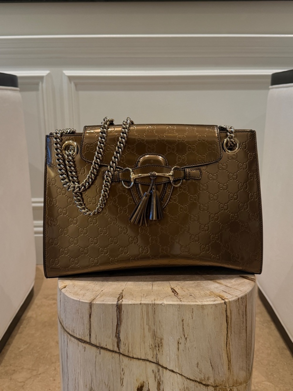 Gucci Metallic Brown Patent Leather Chain Shoulder Bag with Tassel